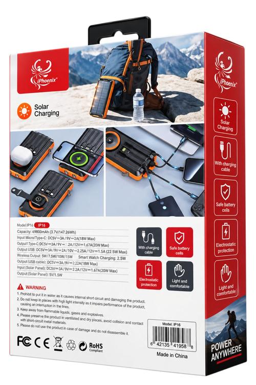 iPhoenix 39,800mAh Portable Solar Charger with Wireless Charging and Dual LED Lights Black IP16